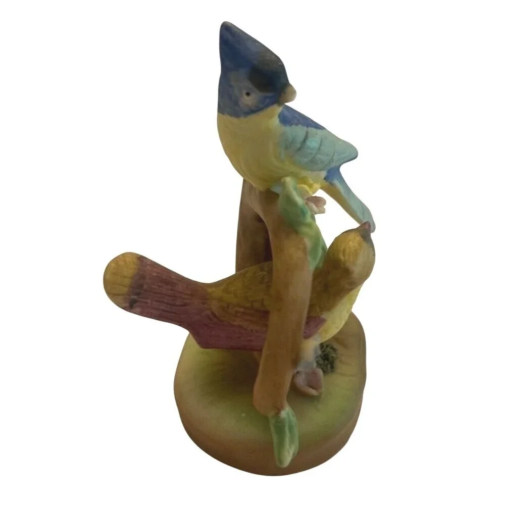 Vintage Blue Jay & Yellow Bird Perched On Tree Ceramic Figurine Decor 4" Germany - Picture 3 of 6
